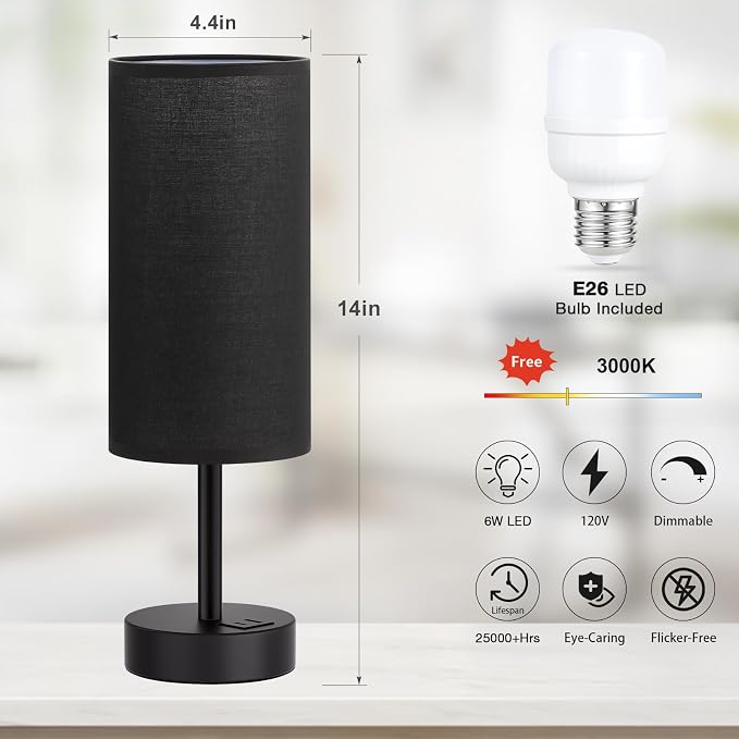 Dicoool Bedside Table Lamp for Bedroom - 3-Way Dimmable Touch Lamp, USB A+C | LED Bulb Included, 14" Small Nightstand Lamp for Desk, Living Room, Guest Room, Black Fabric Lampshade, Black Metal Base - Image 5