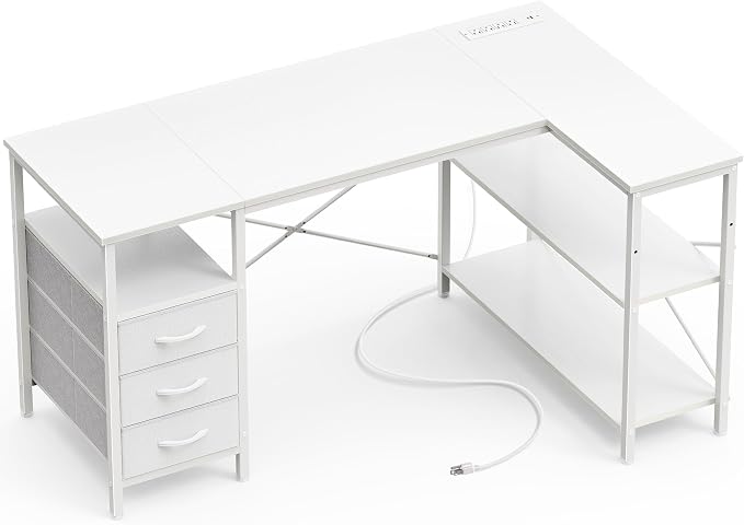 Huuger L Shaped Office Desk with Power Outlets, 47 Inch Computer Desk with 3 Drawers, Shelves, for Gaming, Corner Work, Home Office, Study, White by Huuger