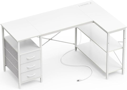 Huuger L Shaped Office Desk with Power Outlets, 47 Inch Computer Desk with 3 Drawers, Shelves, for Gaming, Corner Work, Home Office, Study, White by Huuger
