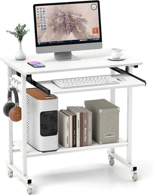 Tangkula Rolling Computer Desk Cart with Keyboard Tray, Mobile Portable Laptop PC Desk with CPU Stand & 3 Hooks for Sofa & Bed, Compact Small Desk on Wheels for Small Spaces (White) by TANGKULA