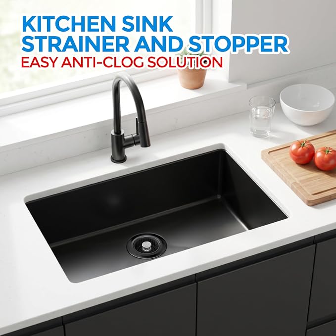 zaa 3 in 1 Kitchen Sink Drain Strainer Stopper Removable Basket Pop-Up | Kitchen Sink Accessories 1 Pack All Black Stainless - Food Catcher, Odor-Blocking Seal, Fits 3.5" Drain - Image 2
