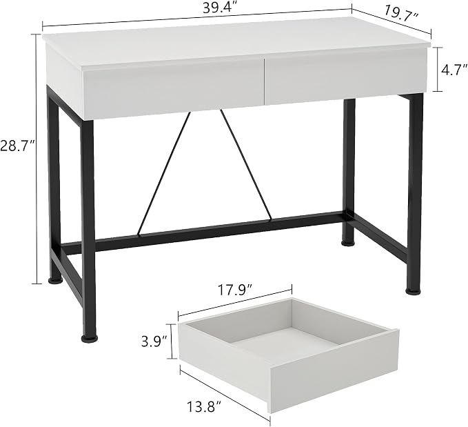 Mexin Small White Desk with 2 Wooden Drawers, 40 Inch Home Office Writing Desk, White Vanity Desk with Storage, Computer Desk for Bedroom Small Spaces, Table for Office, Work, Kids Study, Makeup - Image 3