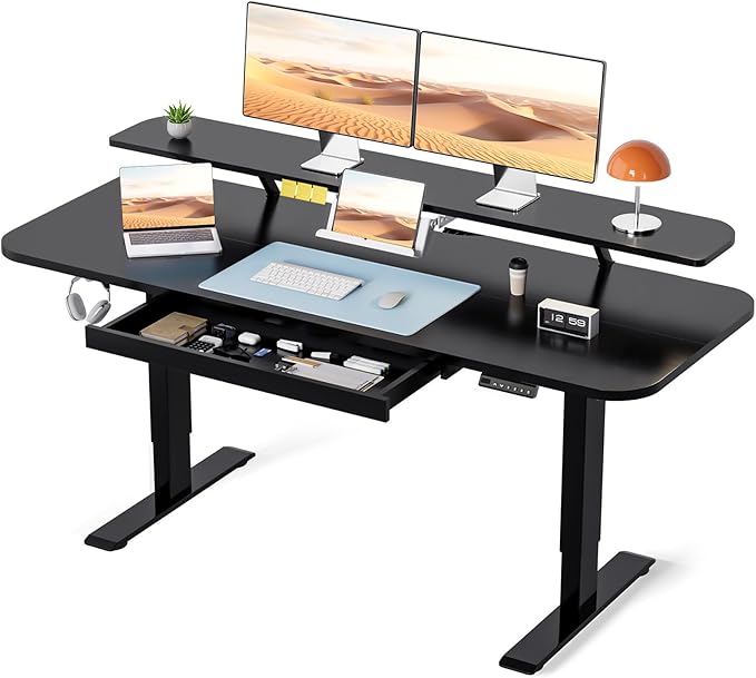 COMHOMA Electric Standing Desk with Drawers, 55 x 24 Inch Sit Stand up Desk with Monitor Stand, Laptop Stand, Height Adjustable Home Office Computer Desks with Memory Preset Controller (Black) by ComHoma