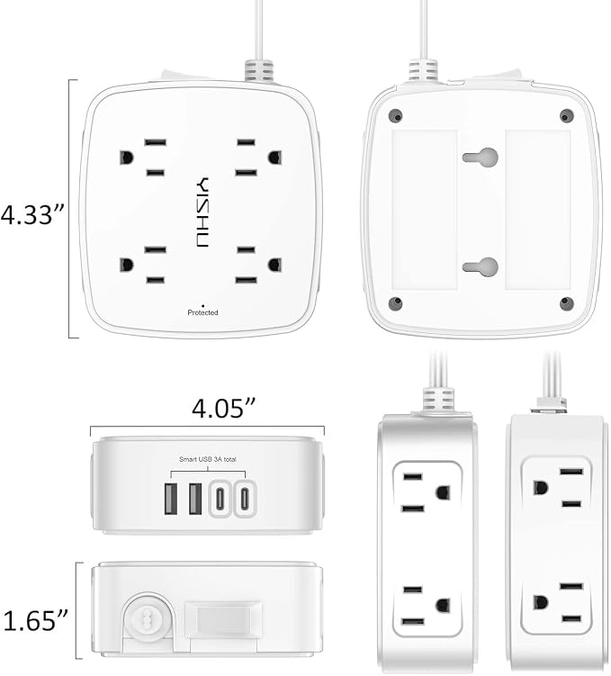10 Ft Surge Protector Power Strip - YISHU 8 Widely Outlets with 4 USB Ports, 3 Side Outlet Extender with 10 Feet Flat Extension Cord, Ultra Flat Plug, Wall Mount, Desk USB Charging Station, ETL, White - Image 7