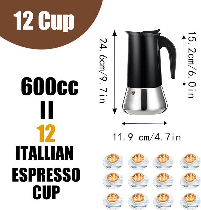 12 Cup Stovetop Espresso Maker Stainless Steel Moka Pot Stove Top Percolator Italian Coffee Makers Capable Mocha Greca Machine Cafe Classic Induction Cookers for Home and Camping 600ml 20oz - Image 2