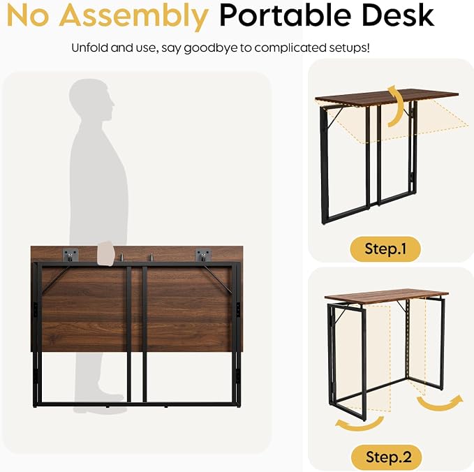 alawooder 31.5" Folding Desk: No Assembly, Wood Top for Small Spaces | Home office desk, holds 150 lbs, folds flat to 2.3 in, splash-proof wood top, sturdy metal frame - Image 7