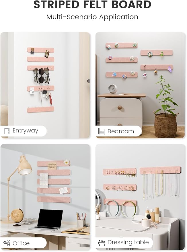 Fluxynara 13" x 2" Felt Wall Panels, Pink | 5-Pack Cork Board Alternative with 35 Push Pins, Adhesive Mounting for Bedroom Door or Home Office - Image 6