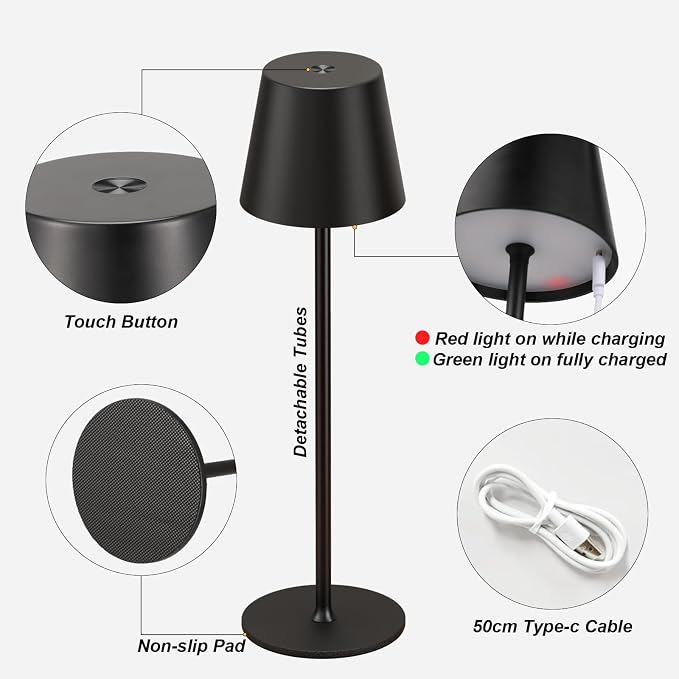 Kakanuo Cordless Table Lamp Rechargeable Black - KK 4 Pack Battery Operated Lamp for Dining Table, 3 Color Stepless Dimming Wireless Lamp for Counter, Outdoor Patio, Touch Control - Image 6