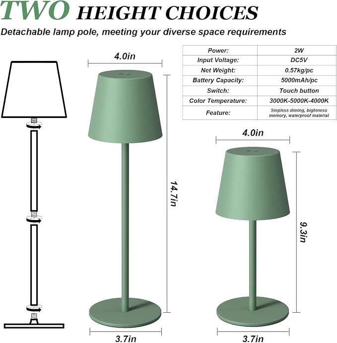 Kakanuo Cordless Table Lamp Rechargeable Green - KK 2 Pack 5000mAH Battery Operated Lamp for Dining Table, 3 Color Stepless Dimming Wireless Lamp for Counter, Outdoor Patio, Touch Control - Image 5