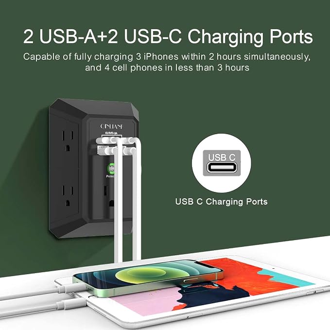 USB Wall Charger, Surge Protector, QINLIANF 5 Outlet Extender with 4 USB Charging Ports(2U2C) 3-Sided 1680J Power Strip Multi Plug Outlets Wall Adapter Spaced for Home Travel Office,Black - Image 4