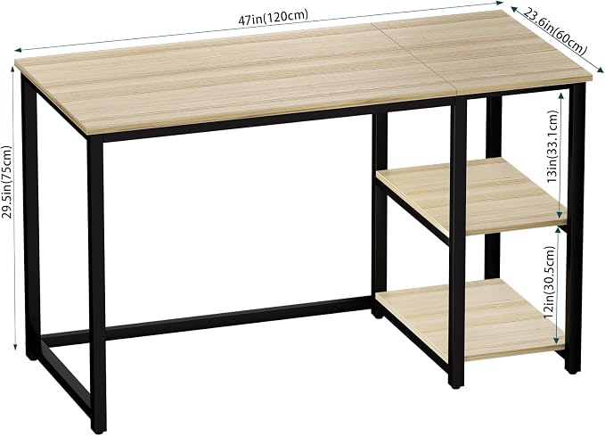 SINPAID Computer Desk 47 inches with 2-Tier Shelves Sturdy Home Office Desks with Large Storage Space Modern Gaming Desk Study Writing Laptop Table, Oak - Image 3