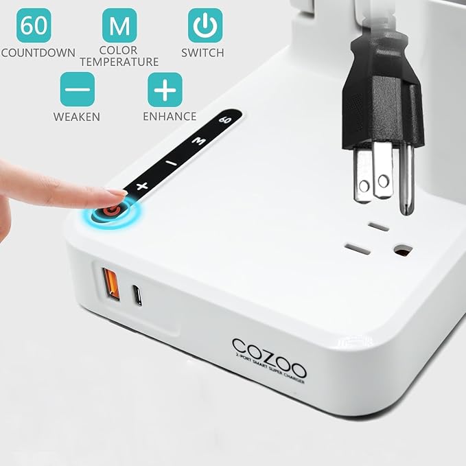 COZOO LED Desk Lamp with 2 USB Charging Ports,Type C Port,1 AC Outlet,2 Pen Holders,3 Color Temperature 3 Brightness Level,Touch/Memory/Timer,10W Eye Protection Foldable Reading Light,Study Lamp-White - Image 7