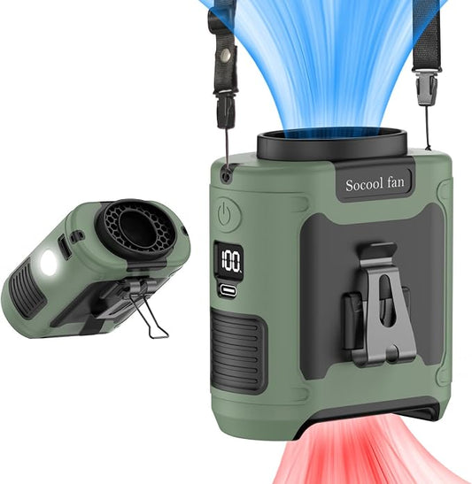 Socool 10000mAh Portable Waist Fan Clip on Wearable Belt Personal Fan Rechargeable Battery Operated With 5 Speeds & Flashlight Neck Hands-Free 40H Cooling For Outdoor Travel Camping Power Bank(Green) by Socoolfancoolinhand