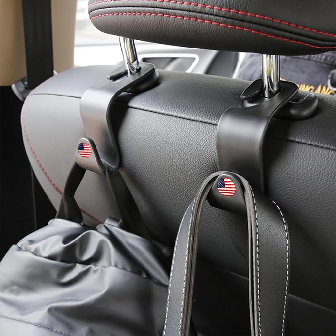 4PCS Car Seat Headrest Hooks, Auto Back Seat Hanger Holder, Durable Stylish Vehicle Organizer Universal Car Interior Accessories, Storage Hooks for Purses, Bags, Clothes, Hats (Black/Red Flag) - Image 5