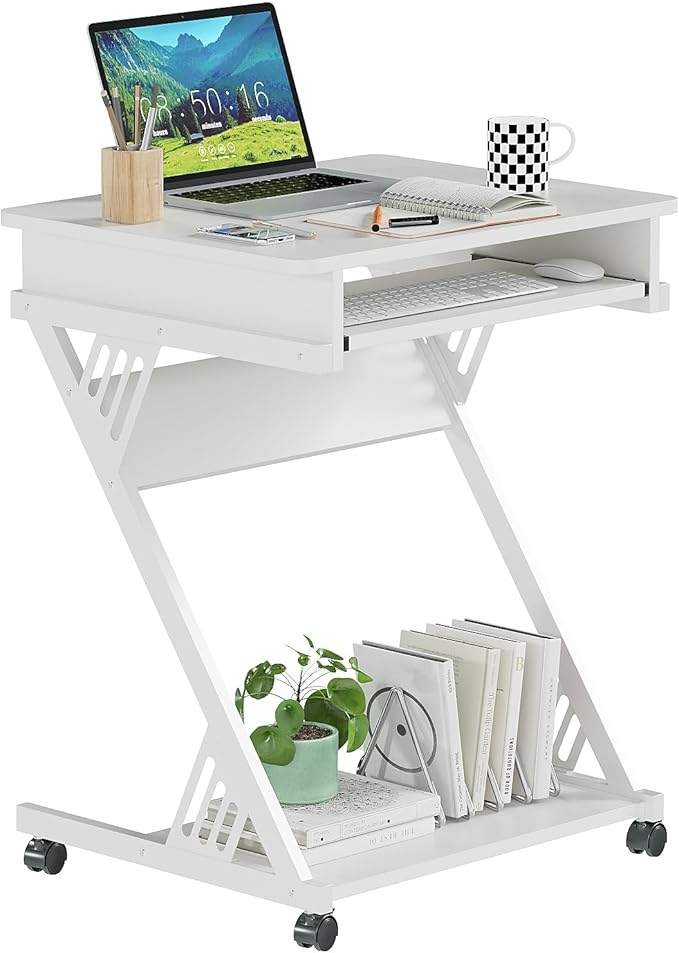 ALISENED Computer Desk for Small Spaces Compact Desk with Keyboard Tray | 23.6" Z-Shaped, with Wheels and Bottom Shelves, for Home Office, Computer Cart Mobile Laptop Cart, White by ALISENED