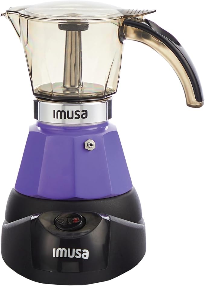 IMUSA 3 or 2 Cup Electric Espresso Maker with Cool-touch Handle, Purple | Bare Aluminum Finish, Detachable Base, Ideal for Espresso, Perfect for Everyday Use by VisitIMUSA