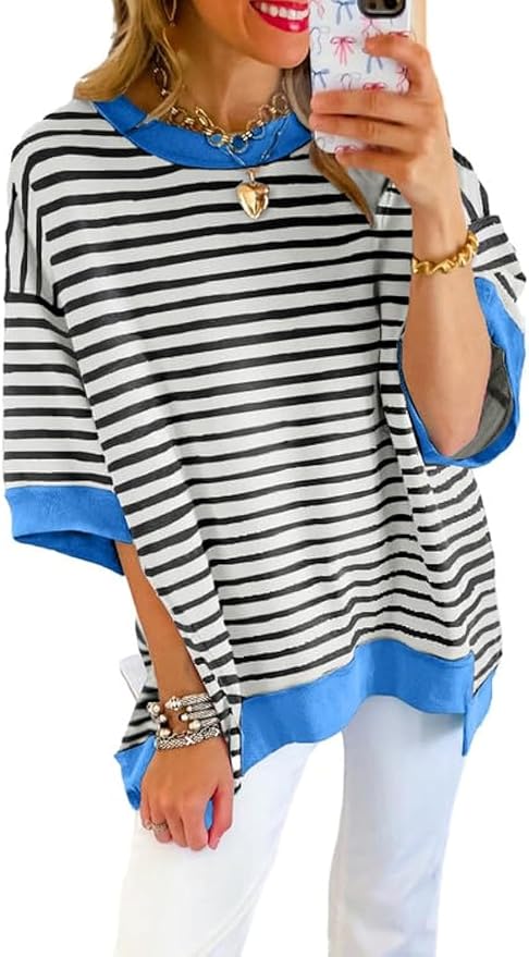 SHEWIN Womens Tops Casual Short Sleeve Sweatshirt Crewneck Striped Shirt Pullover T Shirts Loose Blouses by SHEWINBeYourFashionStylist