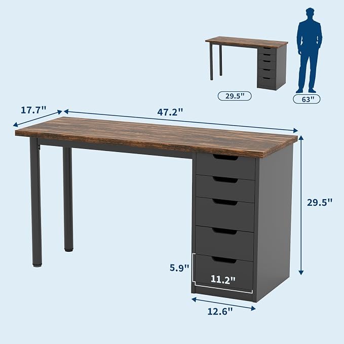 Garvee Computer Desk with 5 Drawers, 47 Inch Modern Simple Study Writing Desk with Storage, Rustic Home Office Desk, Reversible Computer Desk for Small Spaces, Apartments, Dorms, Brown+Black - Image 2