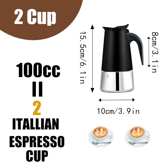 2 Cup Stovetop Espresso Maker Stainless Steel Moka Pot Stove Top Percolator Italian Coffee Makers Capable Mocha Greca Machine Cafe Classic Induction Cookers for Home and Camping 100ml 3.3oz - Image 3