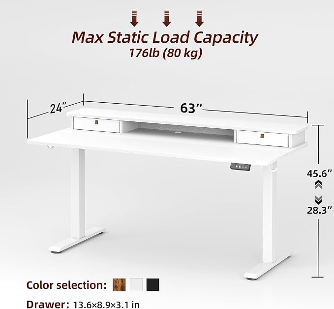 TIQLAB Standing Desk with Two Drawers, Stand Up Standing Desk Adjustable Height, Electric Sit Stand Table with Storage Shelf and Splice Board, 63 * 24 inch, White - Image 3