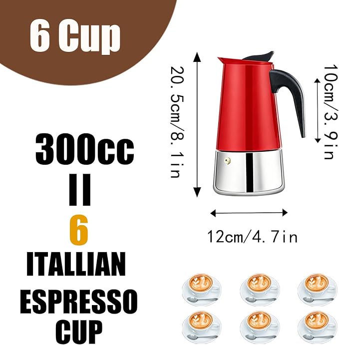 6 Cup Stovetop Espresso Maker Stainless Steel Moka Pot Stove Top Percolator Italian Coffee Makers Capable Mocha Greca Machine Cafe Classic Induction Cookers for Home and Camping 300ml 10oz - Image 3