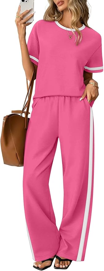 Sampeel 2 Piece Sets for Women Matching Sets Summer Outfits Resort Wear Short Sleeve Lounge Set Wide Leg Pants with Pockets by SAMPEEL