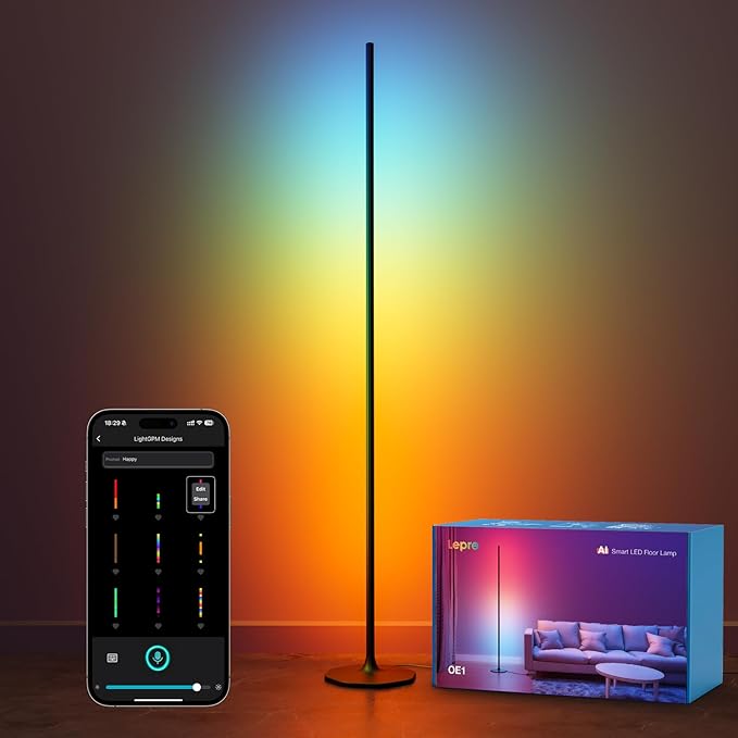 Lepro OE1 AI Corner Floor Lamp, Smart RGBICW LED Corner Lamp with Music Sync, Alexa Enabled, Personalized AI Lighting Designer, Modern Standing Lamp for Living Room/Bedroom,1000LM,2.4G WiFi, No Remote by Lepro