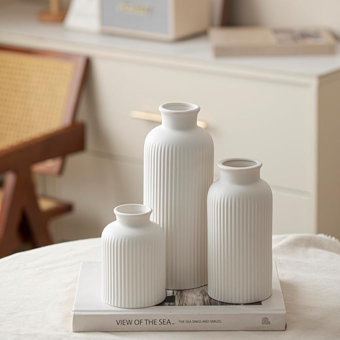 Large Modern Ceramic Vase Set, White Ribbed Matte Design, 3-Piece Decorative Vases for Home, Living Room, Office (XL White) - Image 7