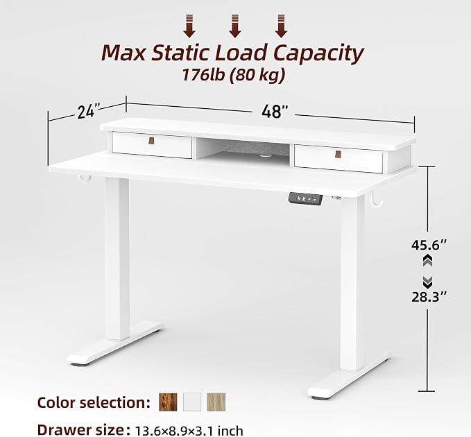 TIQLAB Standing Desk with Two Drawers, Stand Up Standing Desk Adjustable Height, Electric Sit Stand Table with Storage Shelf and Splice Board, 48 * 24 inch, White - Image 3