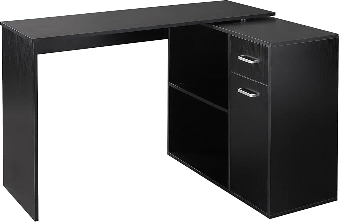 HOMCOM L Shaped Computer Desk 180° Rotating 47.25"x19.75"x 53.75", Black | Corner Desk, Storage Shelves, Drawer, Cabinet, Study Workstation, for Home Office by HOMCOM