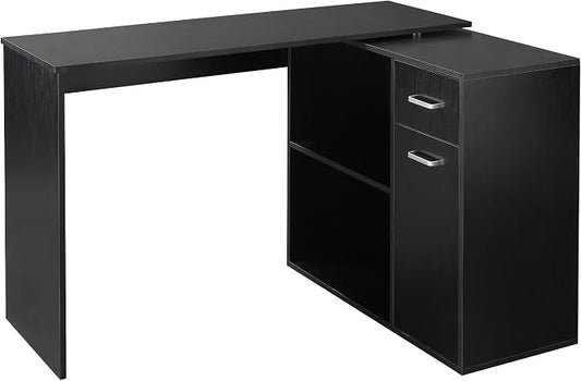 HOMCOM L Shaped Computer Desk 180° Rotating 47.25"x19.75"x 53.75", Black | Corner Desk, Storage Shelves, Drawer, Cabinet, Study Workstation, for Home Office by HOMCOM