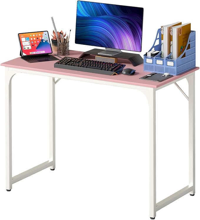 PayLessHere | 39 Inch Computer Desk | Pink | Office Desk with Metal Frame, Adjustable Feet | Water-Resistant, Scratchproof Surface | Sturdy Writing Table for Home Office or Study | Pack of 1 by PayLessHere