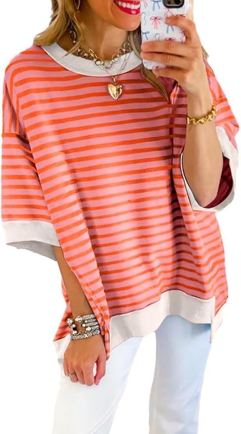 SHEWIN Womens Tops Casual Short Sleeve Sweatshirt Crewneck Striped Shirt Pullover T Shirts Loose Blouses by SHEWINBeYourFashionStylist