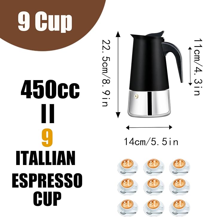9 Cup Stovetop Espresso Maker Stainless Steel Moka Pot Stove Top Percolator Italian Coffee Makers Capable Mocha Greca Machine Cafe Classic Induction Cookers for Home and Camping 450ml 15oz - Image 3