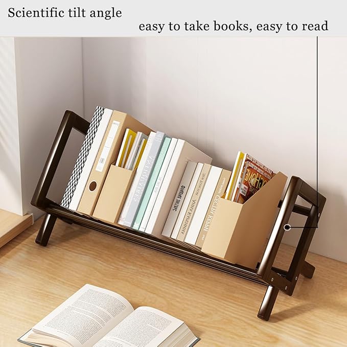 Wood Tilting Bookcase in Living Room/Home/Office, Desktop Book Shelf Organizer Bookshelves Storage Rack for CDs/Magazine/Books Display (Coffee, 16"-L) - Image 3