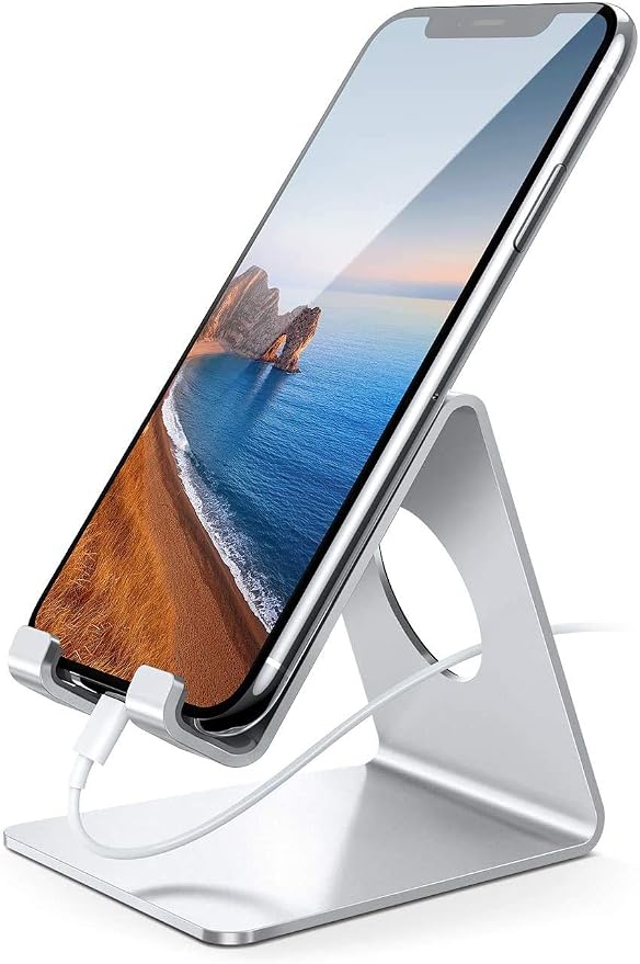 Lamicall Cell Phone Stand, Desk Phone Holder Cradle, Compatible with Phone 12 Mini 11 Pro Xs Max XR X 8 7 6 Plus SE, All Smartphones Charging Dock, Office Desktop Accessories - Silver by Lamicall