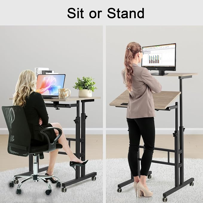 Hadulcet Mobile Standing Desk Adjustable Height with Charging Station | Standing Computer Desk, Standing Adjustable Laptop Cart with Wheels for Home Office Classroom Light Grey - Image 5
