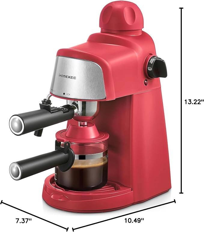 Ihomekee Espresso Machine, 3.5Bar Espresso and Cappuccino Machine | Preheating Function, 4 Cup Coffee Maker with Milk Frothing Function and Steam Wand (Red) - Image 8