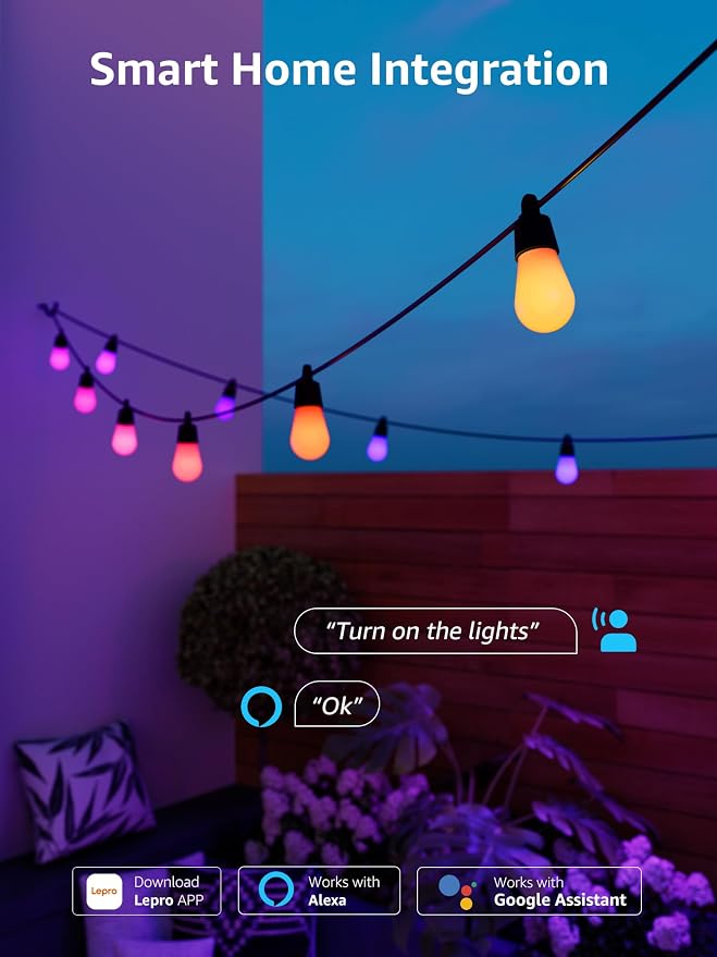 Lepro ZB1 AI Smart Outdoor String Lights, 54(42+12) ft RGB+IC+Warm White Outside Light with 15 Plastic LED Bulbs, Music Sync, Alexa Google Enable, 2.4 GHz WiFi+Bluetooth (APP Control, No Remote) - Image 7