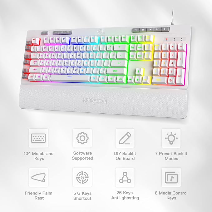 Redragon K512 RGB Membrane Gaming Keyboard, 6 Macro Keys & Easy Media Wheel | Dedicated Scroll Controls, No Software Needed 6 On-the-Fly Combos for Extensive Games, 13 Backlight Modes, Wrist Support - Image 2