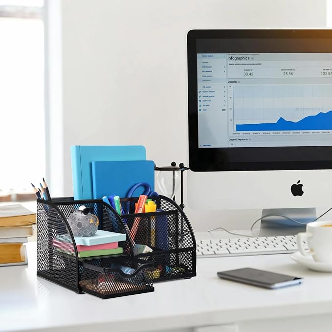 Comix Mesh Pen Pencil Holder Desk Organizer, 7 Compartment Wire Desktop Pen Pencil Cup Caddy Office Supplies for Home Office School, Black - Image 5