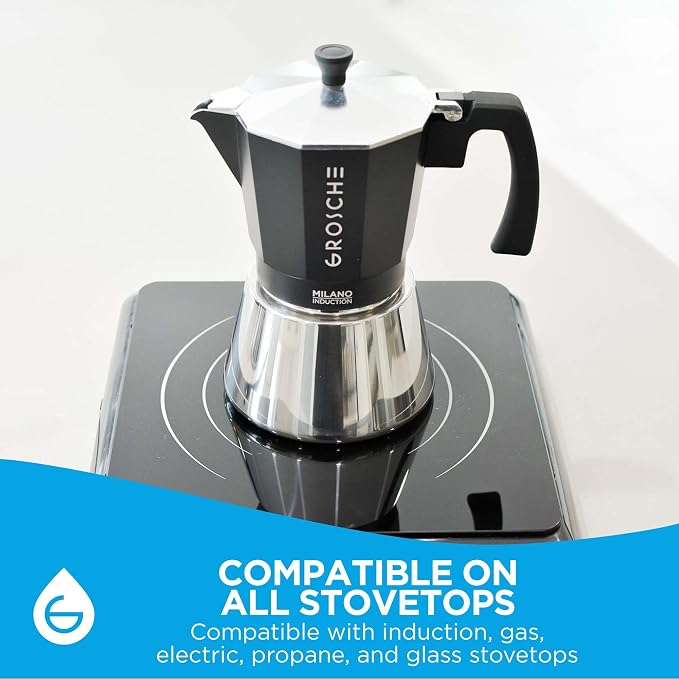 GROSCHE Milano Induction Stovetop Espresso Maker Moka Pot 6 Cup (Black) | Induction Moka Pot For Gas, Electric And Induction Cooktops With Aluminum Upper Chamber, Stainless Steel Base, And Burn Guard - Image 3