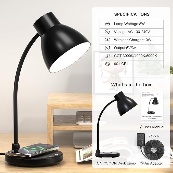 LED Desk Lamp for Home Office with Wireless Charger, Black | 3 Color Modes Dimmable Eye-Caring Study Reading Dorm Desk Lamp, 360° Flexible Arm Table Lamp for College Dorm Room, 800 Lumen - Image 9