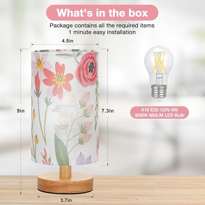 Fenmzee Small Table Lamps (Floral White Shade, 9" Inline Control) | 3000K LED Blub Included | 680 Lumens | Easy Assembly | Minimalist Design | E26 | for Kitchen | for Kids Room - Image 3
