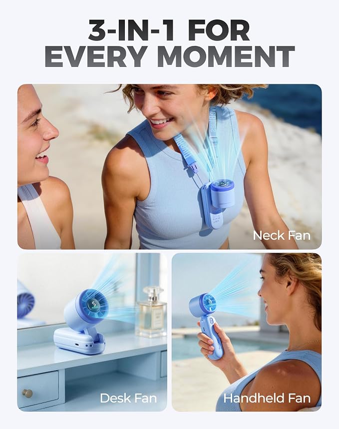 Diveblues Mini Handheld Fan, 30ft/s Portable Turbo Fan [12H Max Cooling], 4000mAh Personal Fan with LED Display, 3-in-1 Hand Held/Neck/Desk Fan for Travel, Cruise, Disney Essentials - Image 5