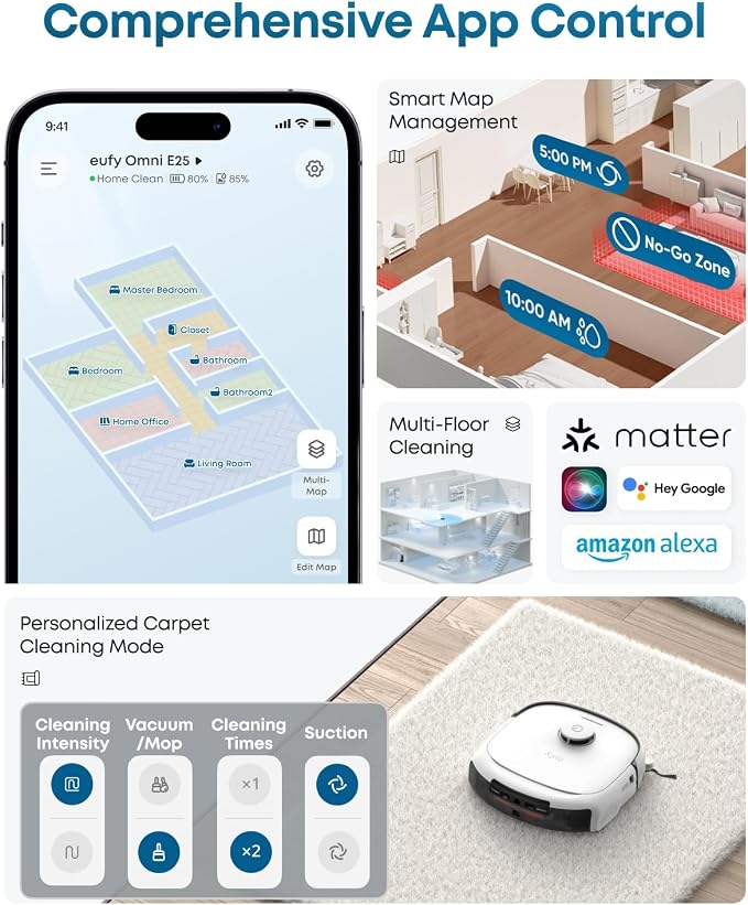 eufy E25 Robot Vacuum and Mop Combo, 20,000 Pa, HydroJet Roller Mop | Extendable Side Brush, All-in-One Station, AI Obstacle Avoidance, Zero-Tangle Design, Edge-to-Corner Cleaning, White - Image 8