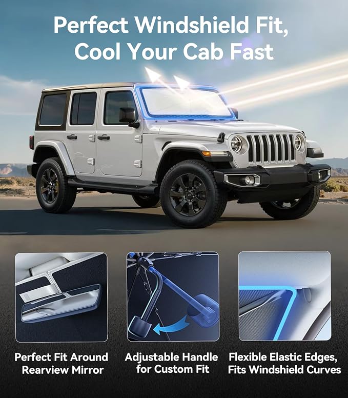 Nmoiss Windshield Sun Shade Umbrella for All Jeep Wrangler & Gladiator - [Vinyl Coating Heat Shield] Protect Car from Sun Rays & Heat Damage Keep Cool and Protect Interior, Spring Structure Edge - Image 4