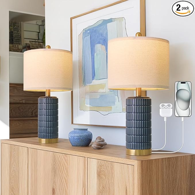 PoKat 21.5'' Bedside Table Lamps Set of 2 with USB A+C Ports for Living Room, Ceramic Modern Lamps for Bedroom, Small Nightstand Lamps for Office Guest Room Hallway Sideboard Gift Decor (Blue) by Pokat