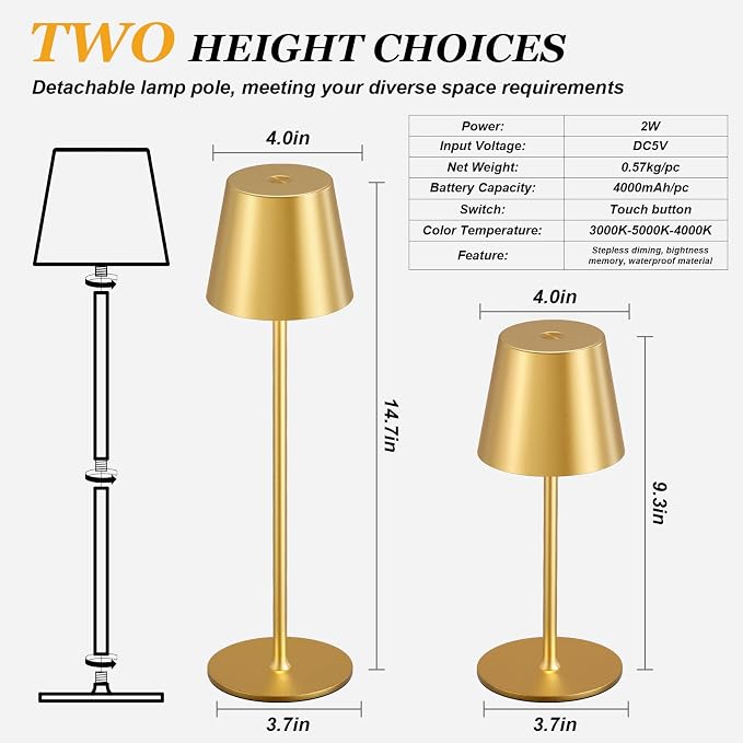 Cordless Table Lamp Rechargeable Gold - KK 2 Pack 5000mAH Battery Operated Lamp for Dining Table, 3 Color Stepless Dimming Wireless Lamp for Counter, Outdoor Patio, Touch Control, Water Repellent - Image 5
