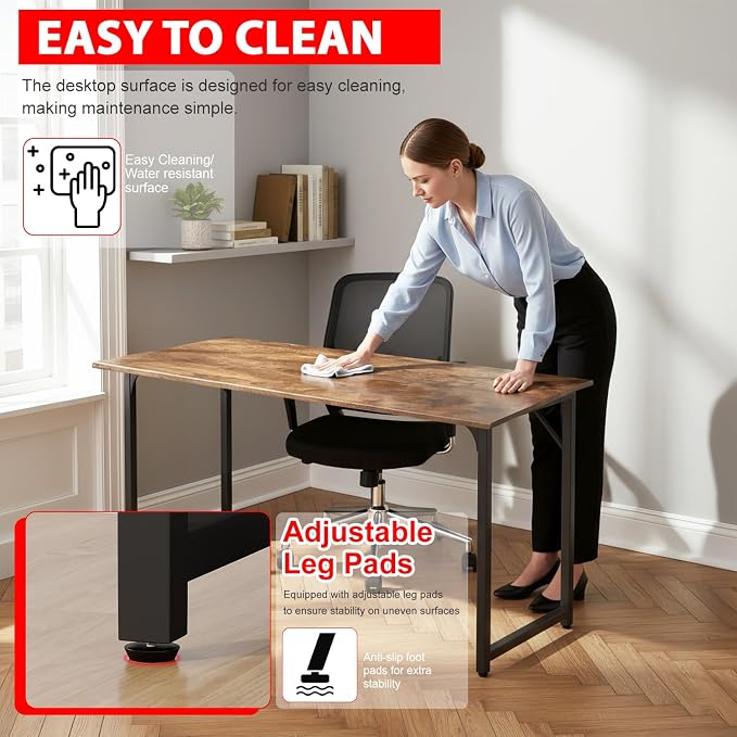PayLessHere | 55 Inch Computer Desk | Vintage | Office Desk with Metal Frame, Adjustable Feet | Water-Resistant, Scratchproof Surface | Sturdy Writing Table for Home Office or Study | Pack of 1 - Image 5